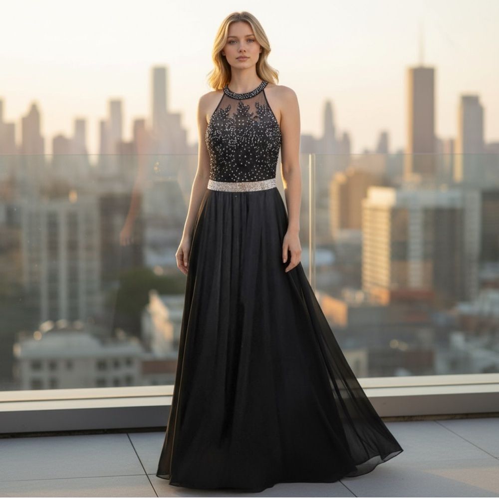 City Vibe Dark Navy Blue Ballgown with Halter Neckline Strappy Back